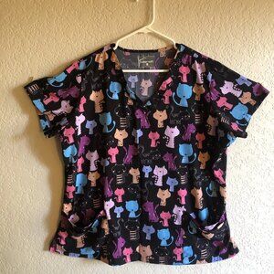 Butter Soft Womens Cats Kitties Black Pink Blue V-Neck Scrub Top Size XL